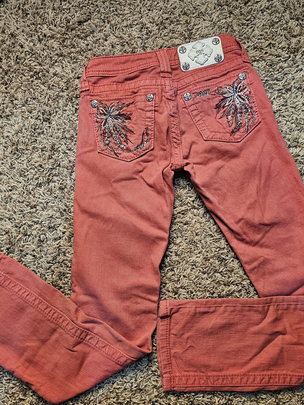 MISS ME JEANS Youth Size 8 Skinny Jeans Denim Ruby Color Rhinestones Beaded